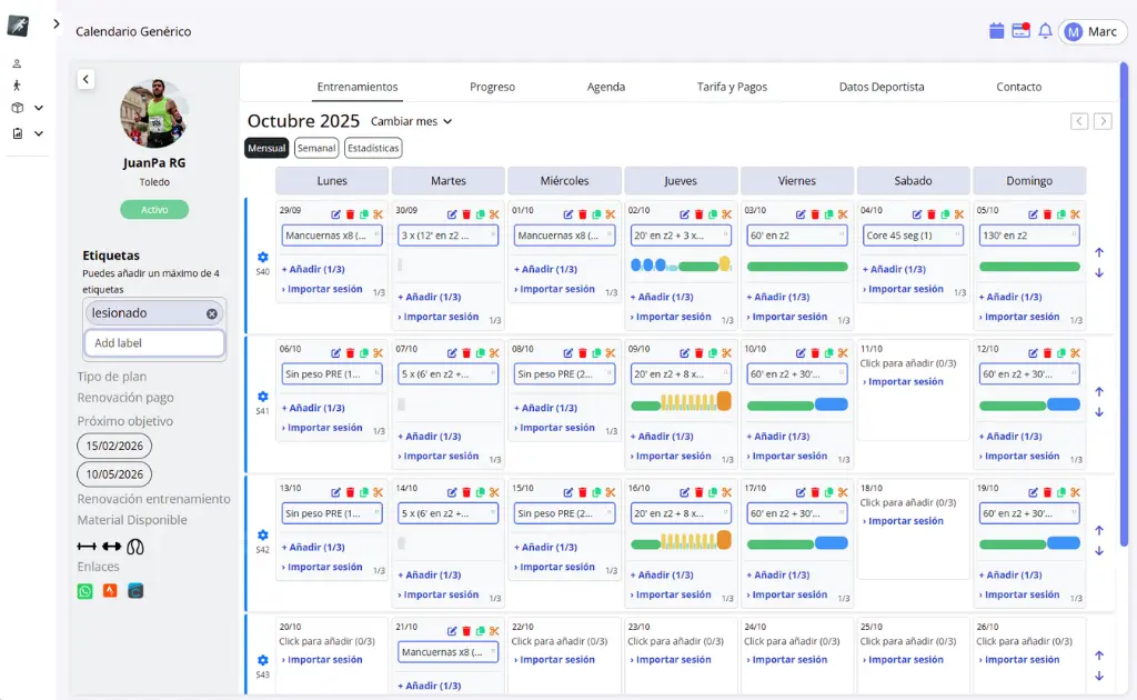 Plan semanal con sesiones arrastrables