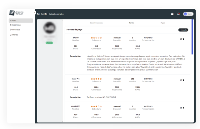 Tarifas de entrenador trainingforever